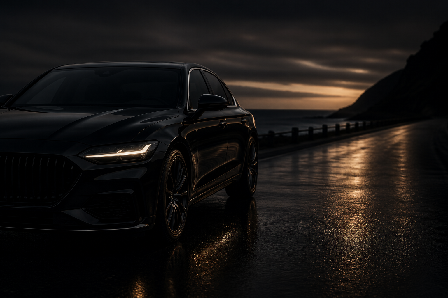 Carro premium preto em uma estrada ao entardecer